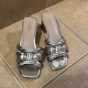 Aldo Metallic Silver Knotted Block Heel Mules